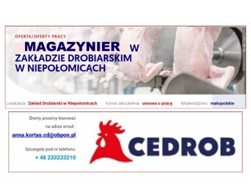 Magazynier w zakładzie drobiarskim w Niepołomicach